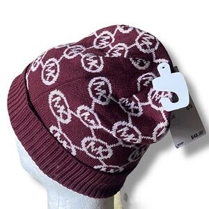 Michael Kors Rib Knit Beanie All-Over MK Print Burgundy White One Size NWT
